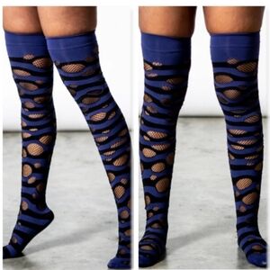 Killstar Wretched Soul Distress Thigh High Socks Black/Midnight